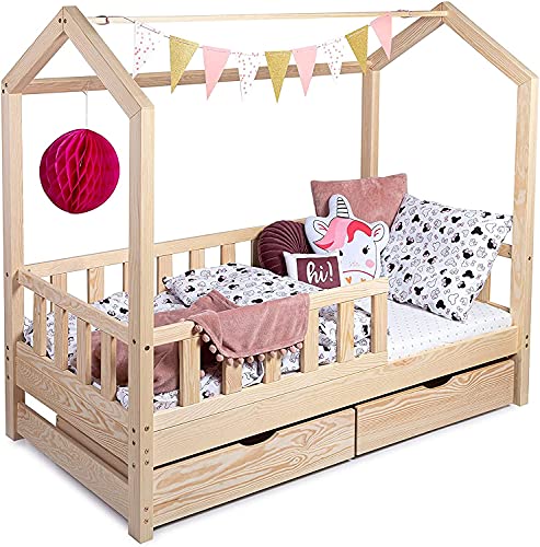 Sanmar Kinderbett Bett Hausbett 120x200 mit Rausfallschutz Lattenrost und Schubladen Bettgestell aus Kiefer Holz für Haus Kinder Jungen & Mädchen - Holzbett Baby Kinderzimmer Junge Deko von Sanmar