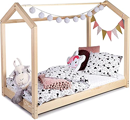 Sanmar Kinderbett Bett Hausbett 140x200 Alex Lattenrost Bettgestell aus Kiefer Holz für Haus Kinder Jungen & Mädchen - Holzbett Baby Kinderzimmer Junge Deko (Rausfallschutz: KEIN) von Sanmar