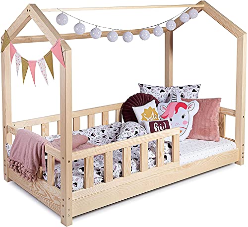 Sanmar Kinderbett Bett Hausbett 80x180 Alex Lattenrost Bettgestell aus Kiefer Holz für Haus Kinder Jungen & Mädchen - Holzbett Baby Kinderzimmer Junge Deko (Rausfallschutz: MIT) von Sanmar