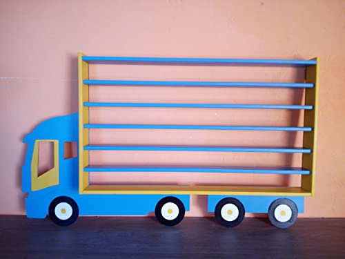 Sanmar Handgearbeitete Aufbewahrung Spielzeug Auto Regal, Holz Streichholzschachtel Auto Regal, LKW-Design, groß, Premium-Qualität, Kinderzimmer Dekor (Blau, Personalisiert: mit einem Namen) von Sanmar