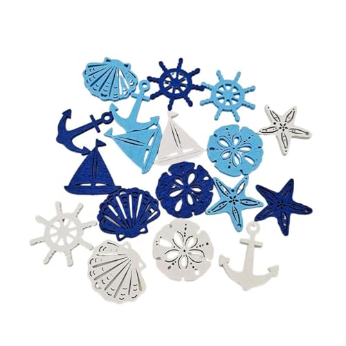 50 Stück Mediterraner Stil Holzstück Streuteile Sand Dollar Muschel Seestern Steuerrad Anker Form Mini Holz Ornamente von Sanmum