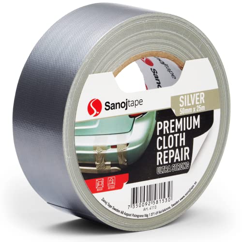 Sanojtape Extra Power Panzertape Silber 50mm x 25m Gewebeband zum Reparieren, Befestigen, Bündeln Strong Gaffa Klebeband von Sanojtape