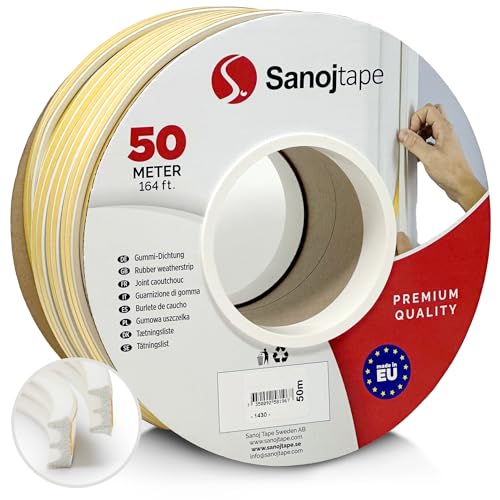 Sanojtape Dichtungsband E-Profil Weiß 50 Meter Selbstklebende EPDM-Gummidichtung Ideal Dämmung Isolierung Fenstern Türen von Sanojtape