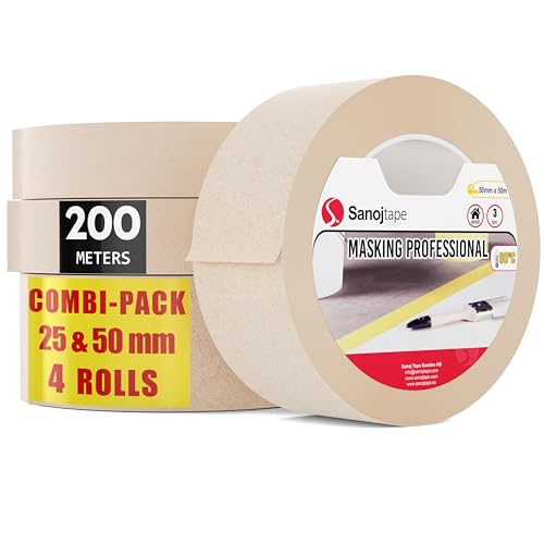 Sanojtape Universelles Abdeckband 25mm & 50mm 4 Rollen (Combi-Pack) Malerband | Für Malerarbeiten im Innenbereich und Dekorative Arbeiten von Sanojtape