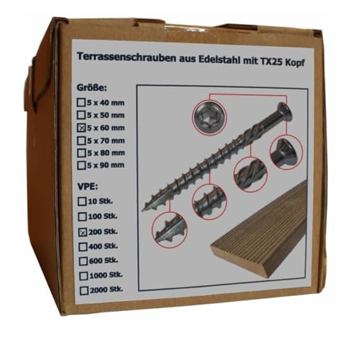 Sanpro Terrassenschraube aus Edelstahl mit Torx Kopf, Größe 5 x 60 mm, Anzahl 200 Stück, Perfekt geeignet für Holzbau Firmen, wie z.B. Zimmereien, Dachdecker, GaLa-Bauer (Pack à 200 Stück) von Sanpro