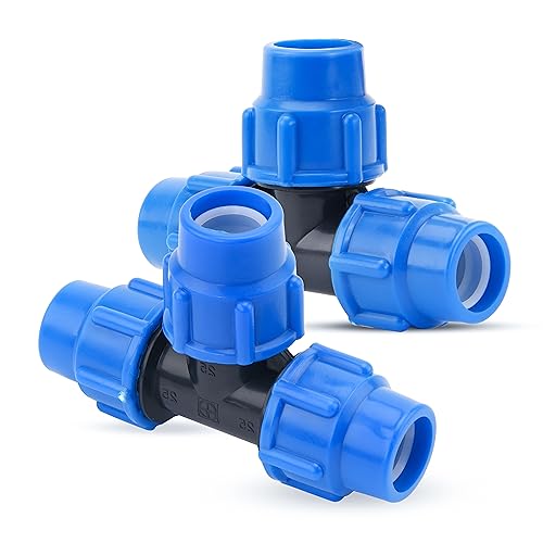 2 Stück T-Stück Reduziert 25mm x 25mm PE Rohr Verschraubung Wasserleitung Blau Kunstoff Hahn Klemmverbinder für PE Absperrhahn Trinkwasser Winkel für Innen-und Außenaufstellung von Sanrolax