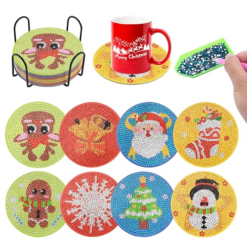 Sanrolax Diamond Painting Untersetzer Weihnachten 8er Set 5D Diamond Painting Kinder Diamond Art Painting Coasters Set mit Halter Geeignet für Tassen,Weihnachten Untersetzer von Sanrolax