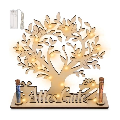 SansRealmL Geldbaum Lebensbaum Deko aus Holz mit LED Lichterkette, Personalisierte Geldgeschenke Verpackung, Geldgeschenk Geburtstag für Brautpaar, Hochzeitsgeschenke, Geldgeschenke Geburtstag von SansRealmL