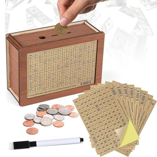 Spardose Aus Holz,Retro Sparbüchse Aufbewahrungsbox,Sparbox mit Zahlen Ankreuzen für Hilft Erwachsene und Kindern Die Gewohnheit Zum Sparen Zu (500€-10000€) von SansRealmL
