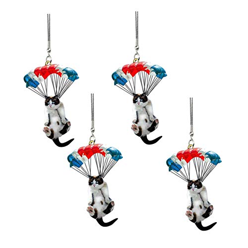 Sanshao Katzenauto hängendes Acryl-Ornament Schlüsselbund Katze mit Fallschirm,Cat Car Ornamente für Rückspiegel und Schultasche,Car Hanging Ornament Geschenk für Freund&Liebhaber (4pcs) von Sanshao