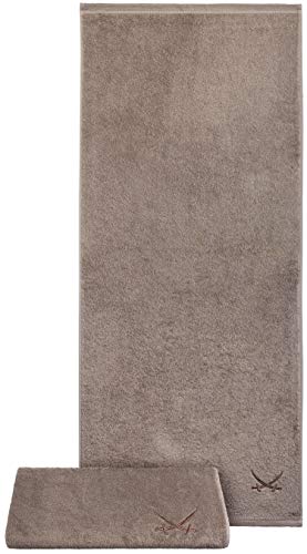 Sansibar 2er Set Badetuch 90x180 cm – saugstarkes Strandtuch/Saunatuch aus Baumwolle – Oeko-TEX zertifizierter Frottee – Sylt-Design mit gesticktem Säbel-Logo – Taupe von Sansibar