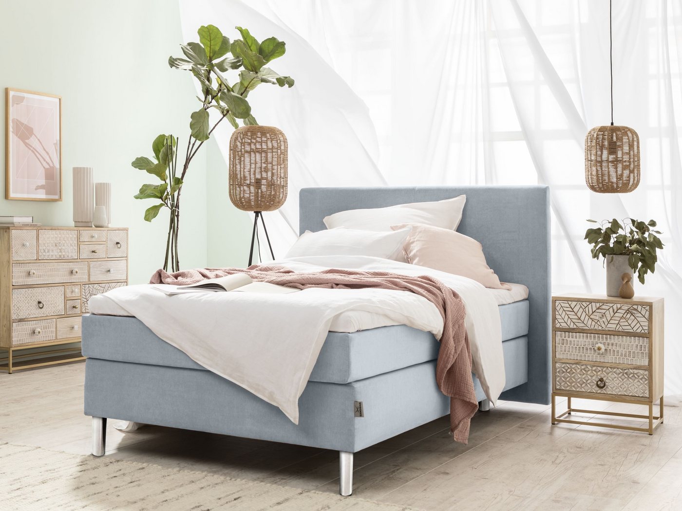 SANSIBAR Living Boxspringbett Boxspringbett SANSIBAR SVENDBORG (BT 140x200 cm) BT 140x200 cm blau von SANSIBAR Living