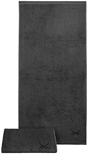 Sansibar Duschtuch 2er Set 70x140 cm 100% Baumwolle mit gesticktem Säbel Logo Badtuch Handtuch Anthrazit von Sansibar
