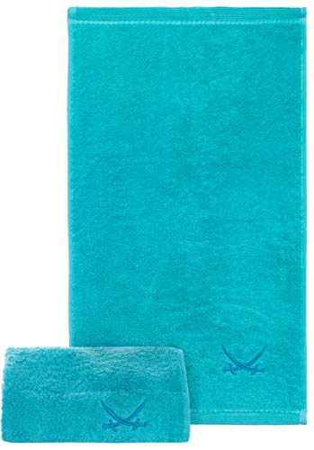 Sansibar 2er Set Gästetuch 30x50 cm – Saugstarkes Frotteetuch aus 100 % Baumwolle – Oeko-TEX Zertifiziert– Sylt-Design mit gesticktem Säbel-Logo – Türkis von Sansibar