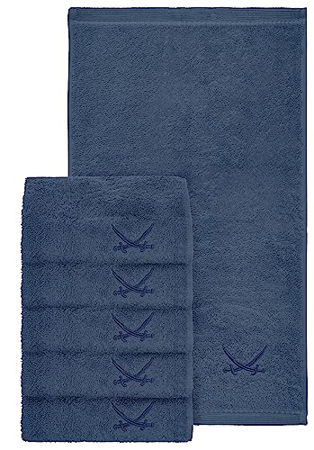 Sansibar 6er Set Gästetuch 30x50 cm – Saugstarkes Frotteetuch aus 100 % Baumwolle – Oeko-TEX Zertifiziert– Sylt-Design mit gesticktem Säbel-Logo – Blau von Sansibar