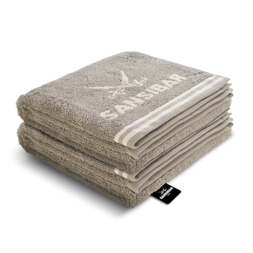 Sansibar Handtuch 2er Set 50x100 cm 100% Baumwolle Doubleface Frottiertuch gestreifte Borde Zweifarbig Taupe/Sand von Sansibar