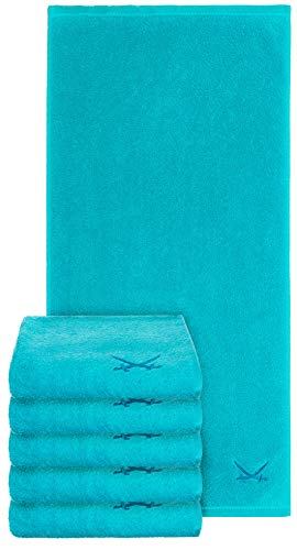 Sansibar 6er Set Handtuch 50x100 cm – Saugstarkes Frotteetuch aus 100 % Baumwolle – Oeko-TEX Zertifiziert – Sylt-Design mit gesticktem Säbel-Logo – Türkis von Sansibar