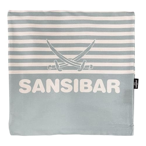 Sansibar Kissenhülle 45x45 cm – 100 % Baumwolle, mit verdecktem Reißverschluss, gestreift, maritimes Design mit Säbel-Logo – Dekokissenbezug (Blau/Weiß) von Sansibar