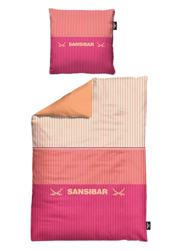 Sansibar Wende-Bettwäsche „Louis“ Satin-Bettwäsche, 100% Baumwolle Streifendesign Logo 2-teilig, ca. 155x220 cm/80x80 cm von Sansibar