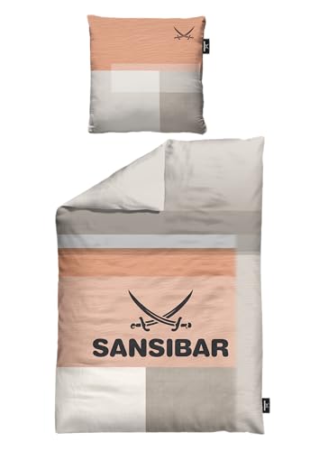 Sansibar Wende-Bettwäsche „Sunrise“ Satin-Bettwäsche 135x200 oder 155x220 cm 100% Baumwolle Karomuster & Uni hautfreundlich & atmungsaktiv mit Reißverschluss (Orange, ca. 135x200 / 80x80 cm) von Sansibar