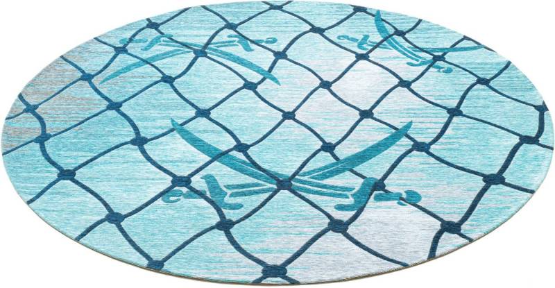 Teppich Keitum 005, Sansibar, rund, Höhe: 3 mm, Flachgewebe, modernes Design, Motiv Fischernetz & gekreuzte Säbel von Sansibar