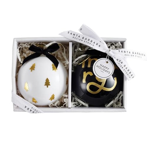Santa Barbara Design Studio Weihnachtskugel-Ornamente in Geschenkbox, 2 Stück, fröhliche/goldene Bäume von Santa Barbara Design Studio