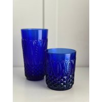 Arcoroc Für Avon Royal Sapphire Cobalt Blue Tumbler & Rocks Gläser, Vintage Barware, Blatt Und Diamant Muster, Käufer Wahl Im Stil von SantaBarbaraCeramics