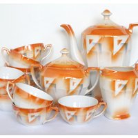 Vintage Victoria Kaffee Oder Tee Set Aus Tschechien - Feines Porzellan Der Tschechoslowakei 1950 Antikes Tassen Untertassen Teekanne von SantaBasuraVintage