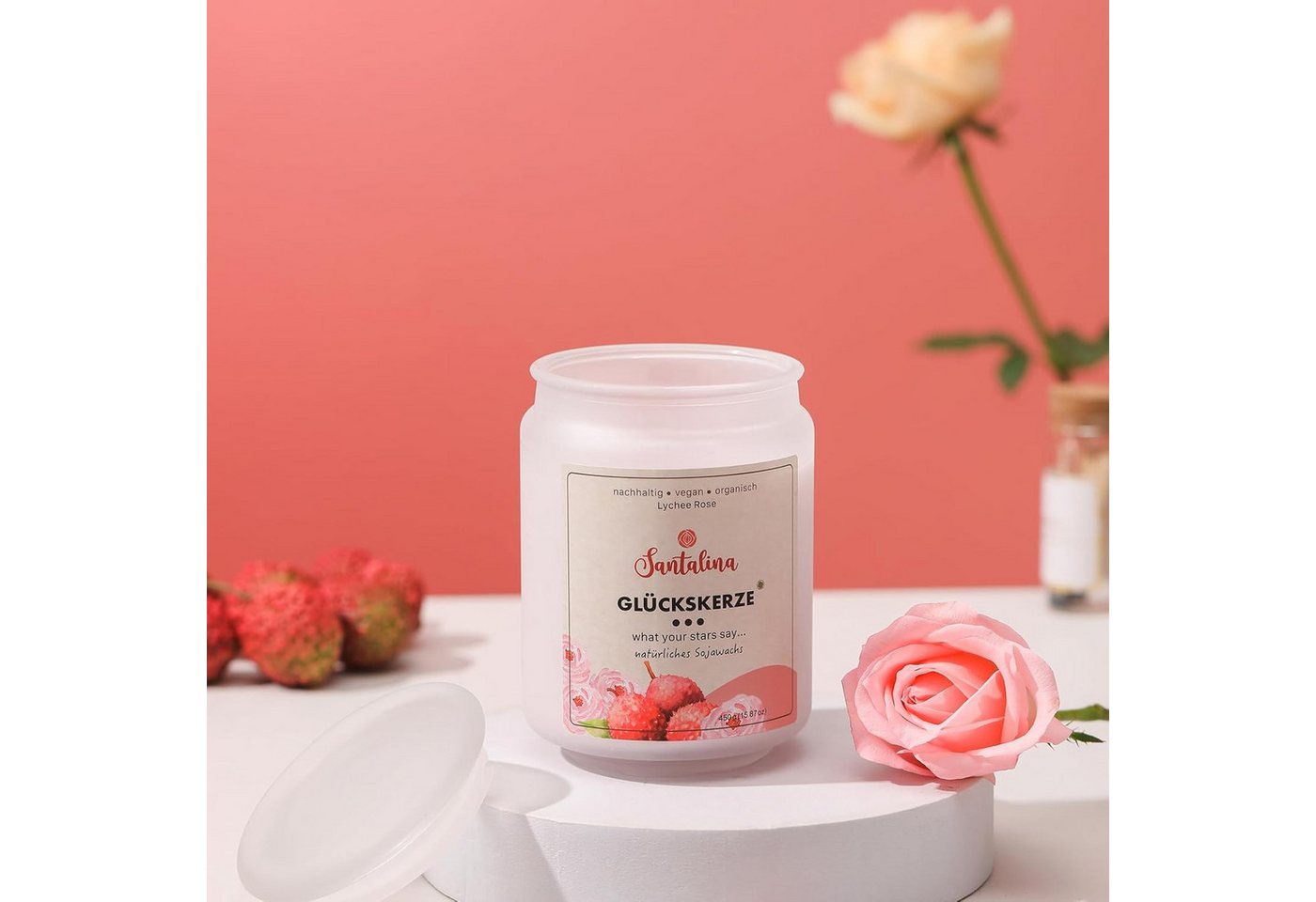 Santalina Duftkerze Lychee & Rose Duftkerze – Glückskerze mit zufälliger Botschaft, 13,2x9cm von Santalina