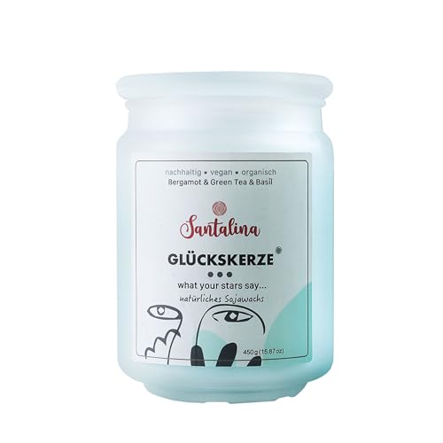 Bergamot, Green Tea & Basil Duftkerze – Glückskerze mit zufälliger Botschaft | frisch-kräutrig & belebend – ideal für stilvolle Gartenmomente | 450g Sojawachs im Glas, Brenndauer ca. 45 Std Bergamot, Green Tea & Basil Duftkerze – Glückskerze mit zufälliger Botschaft | frisch-kräutrig & belebend – ideal für stilvolle Gartenmomente | 450g Sojawachs im Glas, Brenndauer ca. 45 Std von Santalina