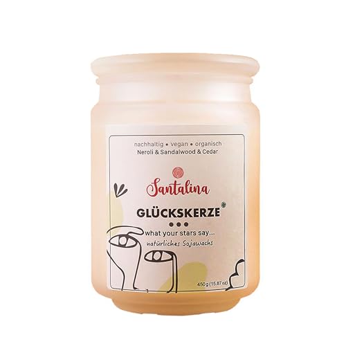 Neroli, Sandalwood & Cedar Duftkerze – Glückskerze mit zufälliger Botschaft | warm-holzig & beruhigend, mit einem Hauch von mediterraner Frische | 450g Sojawachs im Glas, Brenndauer ca. 45 Std Neroli, Sandalwood & Cedar Duftkerze – Glückskerze mit zufälliger Botschaft | warm-holzig & beruhigend, mit einem Hauch von mediterraner Frische | 450g Sojawachs im Glas, Brenndauer ca. 45 Std von Santalina