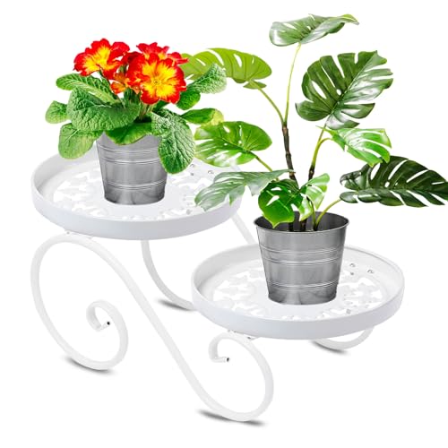 Santentre 2-Stufen Blumenständer Weiss, Rostschutzeisen Pflanzenständer, Pflanzenregal für Mehrere Pflanzen, Rund Blumenbank für Innen Draußen, Blumenhocker Metall Weiß Pflanzenhocker für Garten Home von Santentre