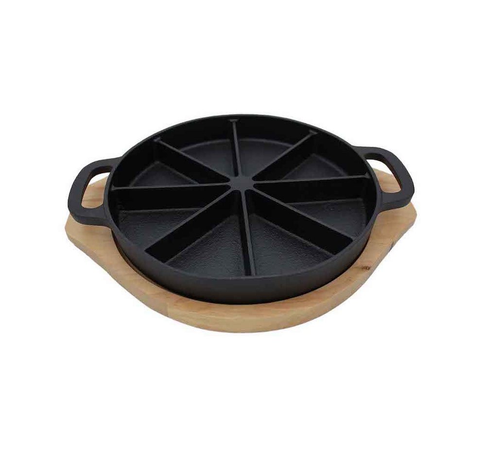 PROREGAL® Grillpfanne Wedge Pan mit Holz-Serviertablett Ø 21,5 x 3 cm, Gusseisen, Gusseisen (2-tlg), Pfanne ist in 8 Bereiche geteilt von PROREGAL®