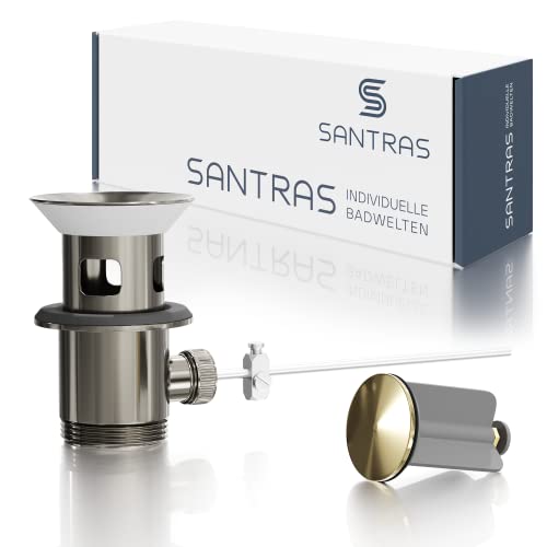 SANTRAS® Exzenter Ablaufgarnitur PREMIUM für Waschtisch mit Schutz vor Überlauf in Aranja/Gold – Komplette Überlaufgarnitur mit Ablauf Stöpsel in 1 ¼ für Armatur mit Zugstangengarnitur von Santras