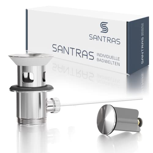 SANTRAS® Exzenter Ablaufgarnitur PREMIUM für Waschtisch mit Schutz vor Überlauf in Chrom – Komplette Überlaufgarnitur mit Ablauf Stöpsel in 1 ¼ für Armatur mit Zugstangengarnitur von Santras