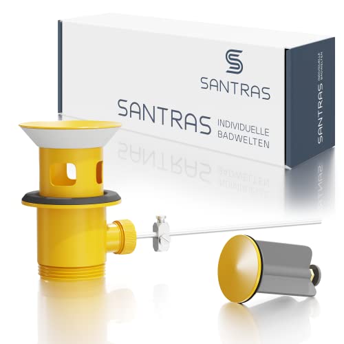 SANTRAS® Exzenter Ablaufgarnitur Premium für Waschtisch mit Schutz vor Überlauf in Gelb – Komplette Überlaufgarnitur mit Ablauf Stöpsel in 1 ¼ für Armatur mit Zugstangengarnitur von Santras