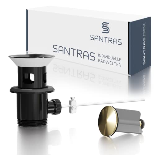 SANTRAS® Exzenter Ablaufgarnitur Premium für Waschtisch mit Schutz vor Überlauf in Schwarz/Gold – Komplette Überlaufgarnitur mit Ablauf Stöpsel in 1 ¼ für Armatur mit Zugstangengarnitur von Santras