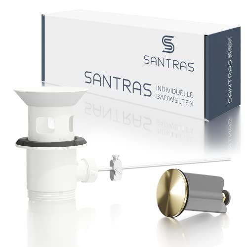 SANTRAS® Exzenter Ablaufgarnitur Premium für Waschtisch mit Schutz vor Überlauf in Weiß/Gold – Komplette Überlaufgarnitur mit Ablauf Stöpsel in 1 ¼ für Armatur mit Zugstangengarnitur von Santras