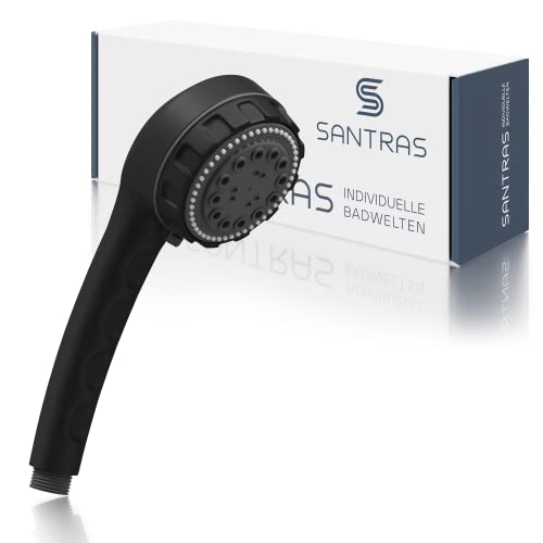 Santras Handbrause DELUXE mit dreifach verstellbaren Duschkopf mit Wassersparer in Schwarz Matt – Brause mit wassersparendem Brausekopf und Durchflussbegrenzer mit drei Strahlarten in Schwarz Matt von Santras