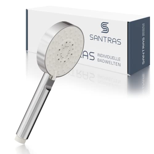 SANTRAS® Handbrause PLATINUM mit fünffach verstellbaren Duschkopf mit Wassersparer in Chrom – Brause mit wassersparendem Brausekopf und Durchflussbegrenzer in 5 Strahlarten für Dusche und Wanne von Santras