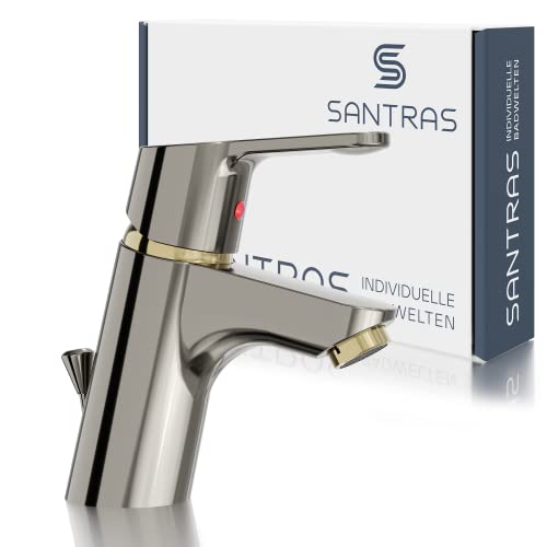 SANTRAS® Waschtischarmatur für das Bad mit Zugstange in Aranja/Edelmessing – Einhebel-Mischarmatur warm kalt für ein Loch Waschbecken Wasserhahn MADE IN GERMANY von Santras