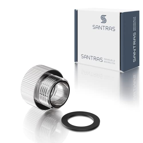 SANTRAS® Reduzierstück inkl. Wasserspar Set 3/4 Zoll Innengewinde auf 1/2 Zoll Außengewinde in Chrom – Verchromter Adapter zur Reduzierung auf 1/2 Zoll für Brauseschläuche aus hochwertigem Messing von Santras