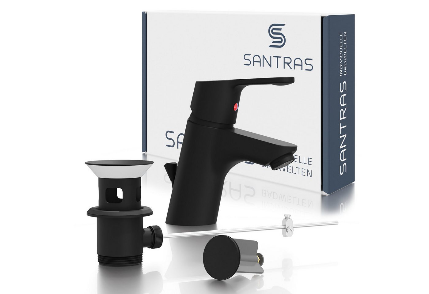 Santras Waschtischarmatur mit Zugstange und Ablaufgarnitur in Schwarz-Matt Santras Waschtischarmatur mit Zugstange und Ablaufgarnitur in Schwarz-Matt von Santras