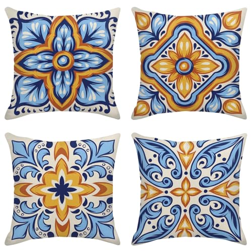 Deko-Kissenbezüge, Heimdekoration, Set mit 4 italienischen Keramik-Kissenbezügen, mexikanisch, Talavera, spanisch, dekorativ, 45,7 x 45,7 cm, Outdoor-Kissen, Couch, Sofa, Kissenbezüge von Sanwarm