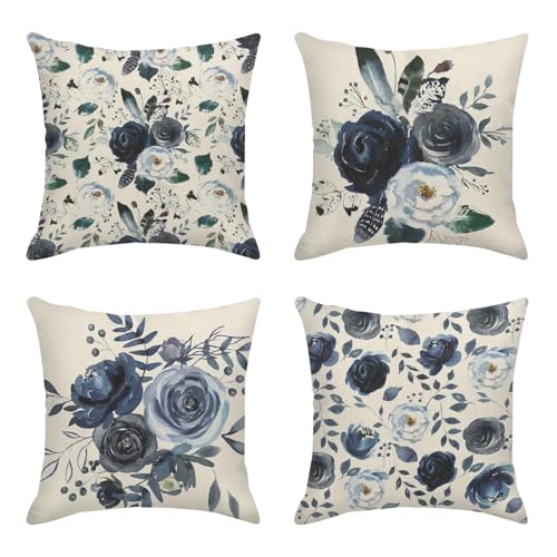 Sanwarm Deko-Kissenbezüge, Heimdekoration, Set mit 4 floralen Rosenblättern, Boho-Kissenbezüge, blau, dekorativ, 45,7 x 45,7 cm, Outdoor-Kissen, Couch, Sofa, Kissenbezüge von Sanwarm