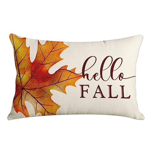 Sanwarm Fall Throw Pillow Cover Home Decor Autumn Hello Fall Maple Leaf Pillow Case Decorative 12 x 20 Inches Cushion Couch Sofa Pillowcase von Sanwarm