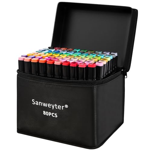 Sanweyter Alkohol Marker Set - 80+3 Marker Stifte Farben Meißel Feine Verdoppelt Spitzt Stifte Mit Base Tragetasche Zum Malen, Zeichnen, Cartooning, Doodling von Sanweyter