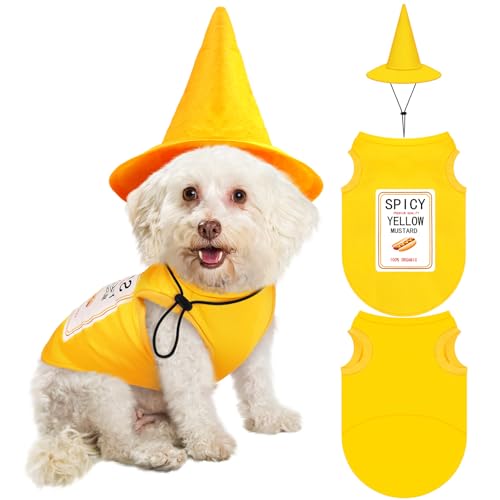 Sanwuta 2 Stück Halloween Hund Senf Kostüme Lustige Gewürze Senf T-Shirts und Hut für Haustier Hunde Katzen Welpen Cosplay Sanwuta 2 Stück Halloween Hund Senf Kostüme Lustige Gewürze Senf T-Shirts und Hut für Haustier Hunde Katzen Welpen Cosplay von Sanwuta