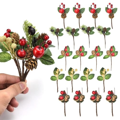 Sanwuta 20 Stück Weihnachtsbeerenstiele, immergrüne Tannenzweige, Weihnachtsbeeren, Dekoration, künstliche Tannenspieße für Bastelarbeiten, Kranz, Girlande, Winterurlaub, Ornament von Sanwuta