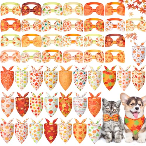 Sanwuta 50-teiliges Herbst-Hundehalstücher und Halsband-Fliegen-Set, 25 Herbsthalstücher, Großpackung mit 25 Herbstanhängern, Hundehalsband, Ahornblätter, Kürbis, Dreieck, Haustier-Schal, Fliege für S von Sanwuta